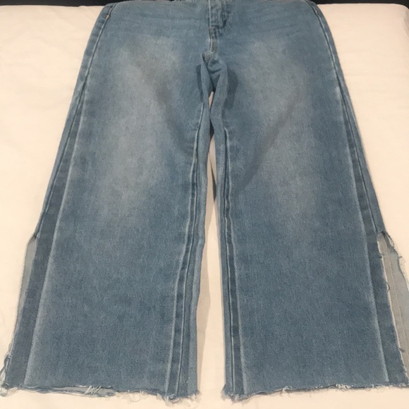 Blank Paige Denim Collection Wide Leg Mid Rise Med Wash Frayed Hem Slit Side S - Picture 8 of 16